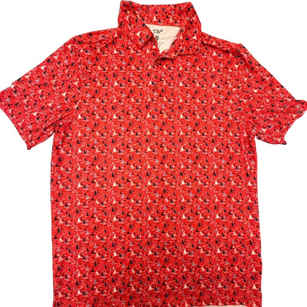 1764 Mens Red Sailboat Print Performance Golf‎ Polo Shirt Size Medium Stretch